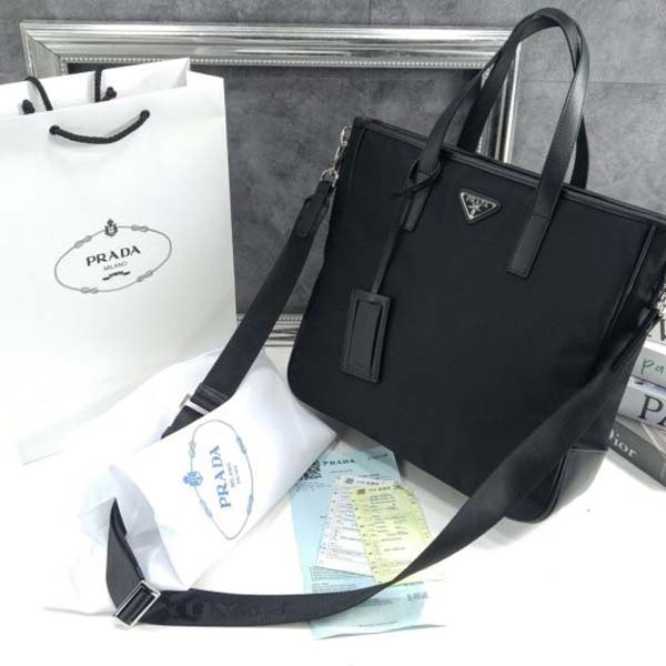 프라다 공용 트라이앵글 로고 리나일론 토트백 블랙