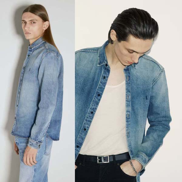 25년 입생로랑 YSL 자수 로고 체스트 모노그램 워싱 데님셔츠 0513