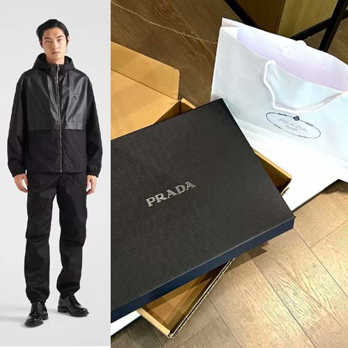 프라다 로고 실크 앤 레더 블루종 재킷