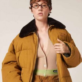 미우미우 코듀로이 및 나파 가죽 다운 점퍼