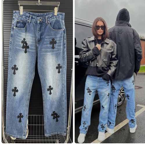 크롬하츠 로고 크로스 레더 워싱 팬츠 2종