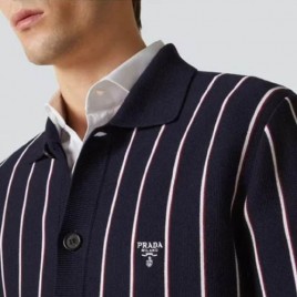 프라다 로고 Striped 버튼 업 Kint 카디건