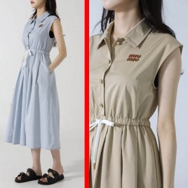 미우미우 로고 스트링 홀터넥 미디 원피스 2종